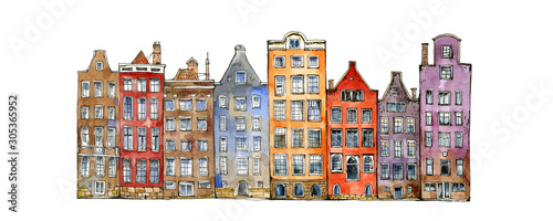 Photography Watercolor sketch or illustration of a beautiful view of traditional residential