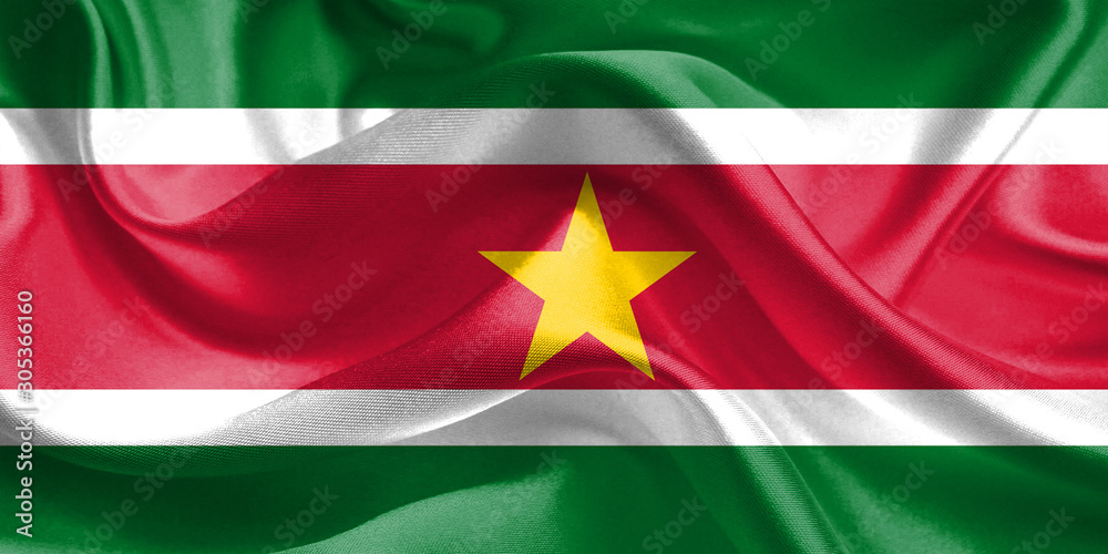 Suriname Flag. Waving Rippled Flags. 3D Realistic Background Illustration in Silk Fabric Texture Suriname Flag. Waving Rippled Flags. 3D Realistic Background Illustration in Silk Fabric Texture