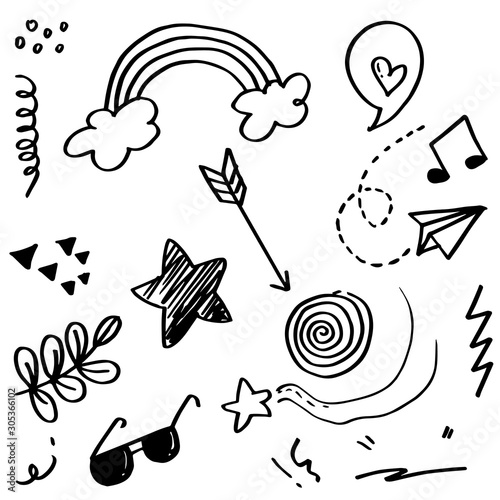Doodle set elements, black  on white  background. Arrow, heart, love, star, leaf, paper airplanes, glasses, music note, for concept design.
