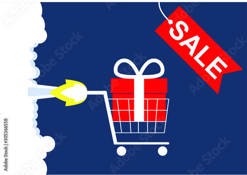 Presents on the rocket sled. Fast shipping concept of e-commerce trade. Vector. EPS 10.