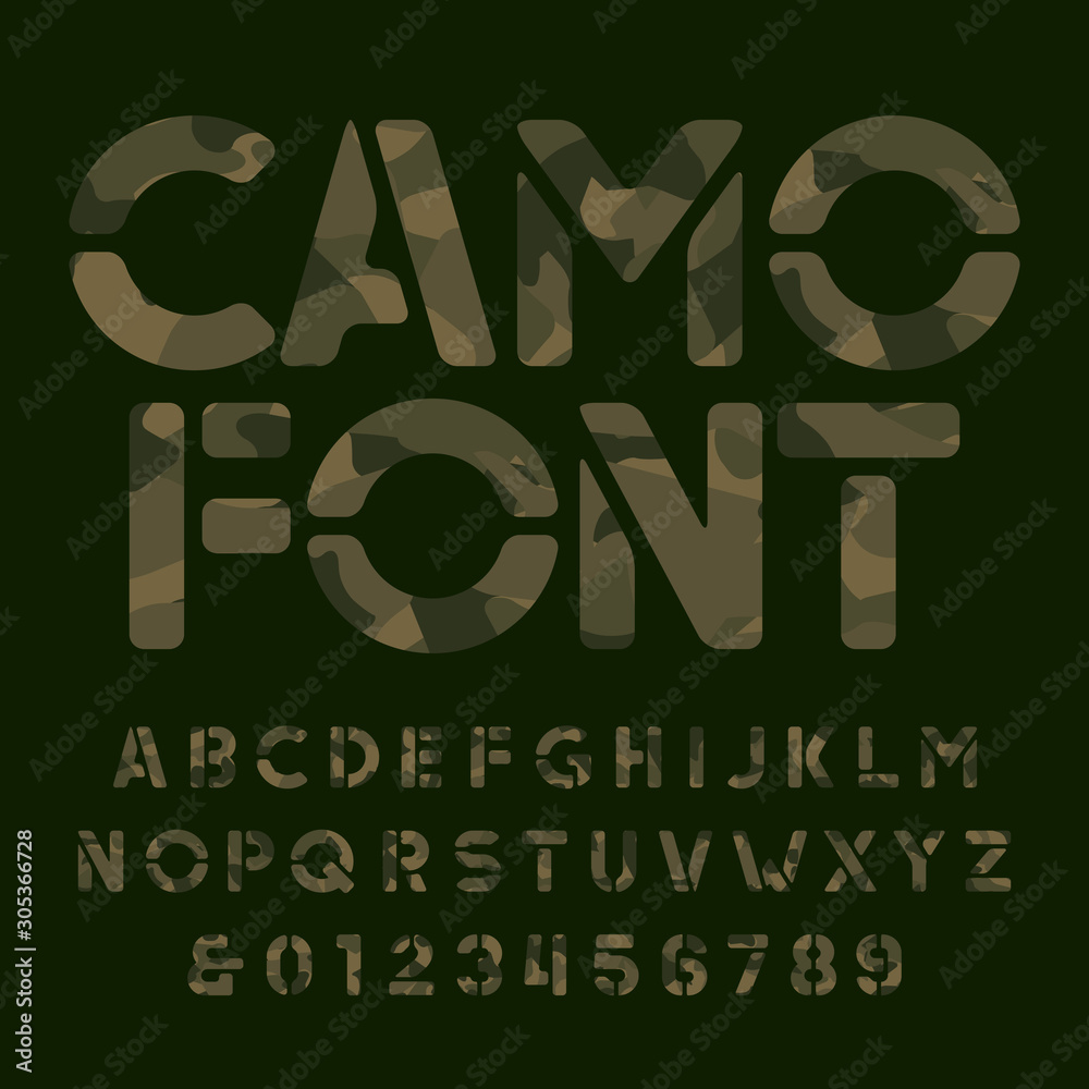 Camo alphabet font. Stencil camouflage letters and numbers on a dark ...