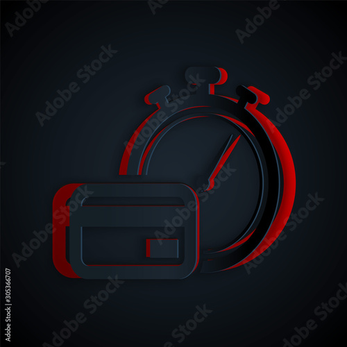 Paper cut Fast payments icon isolated on black background. Fast money transfer payment. Financial services, fast loan, time is money, cash back concept. Paper art style. Vector Illustration