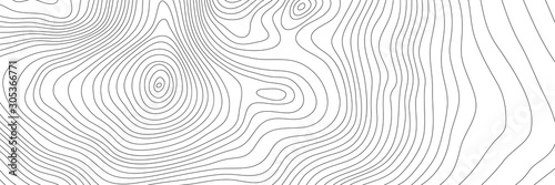 The stylized height of the topographic contour in lines. The concept of a conditional geography scheme and the terrain path. Black & White. Ultra wide size. Vector illustration.