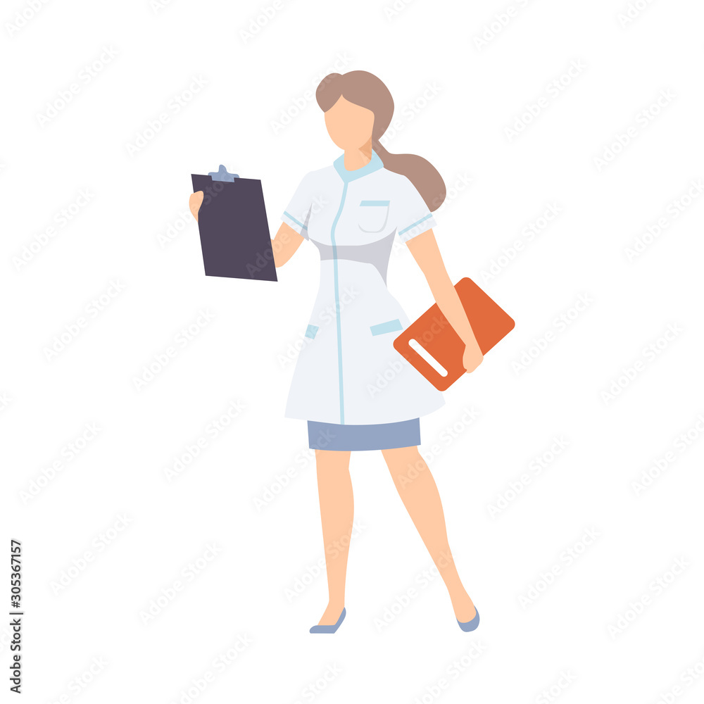 Medical Woman Nurse Standing In White Robe With Paper Documents Flat Vector Illustration Medical Woman Nurse Standing In White Robe With Paper Documents Flat Vector Illustration