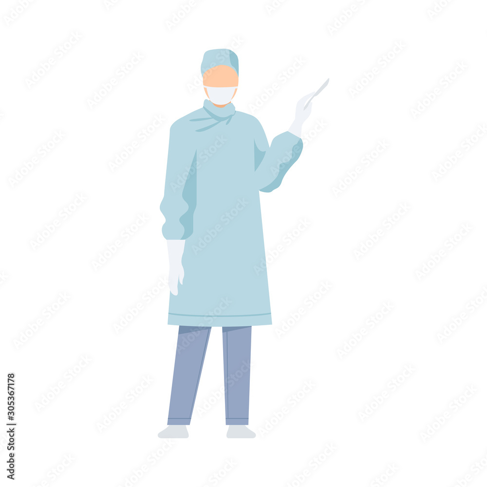 Surgeon In Blue Robe Standing With Scalpel Flat Vector Illustration