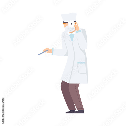 Male Doctor Otolaryngologist With Special Equipment For Examination Of Patient Flat Vector Illustration