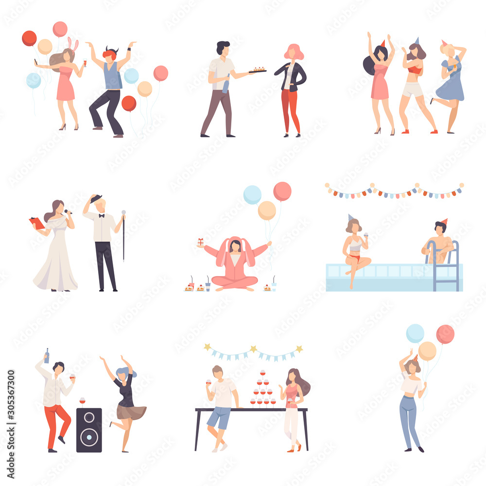 Parties And People Celebrate Different Events Vector Illustration Set Isolated On White Background