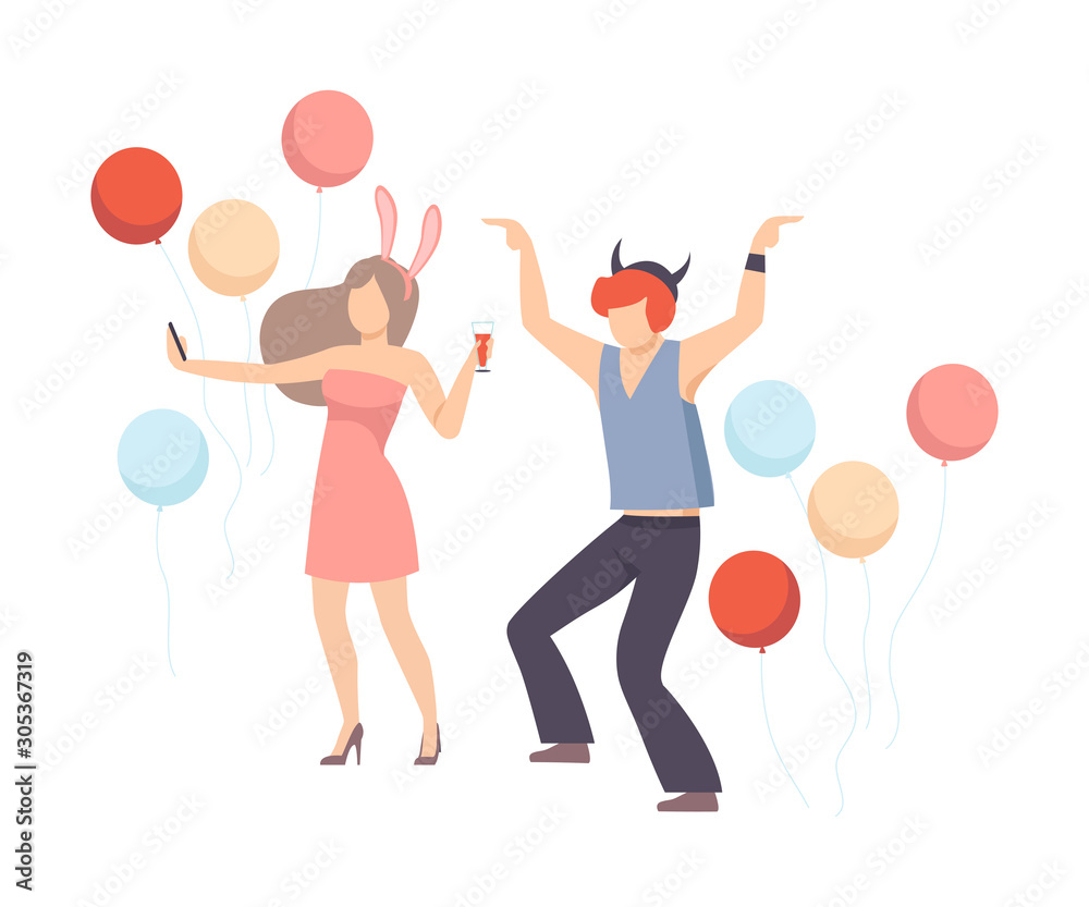 Man And Woman Cheerfully Dancing With Balloons At A Party Vector Illustration Isolated On White Background Man And Woman Cheerfully Dancing With Balloons At A Party Vector Illustration Isolated On White Background
