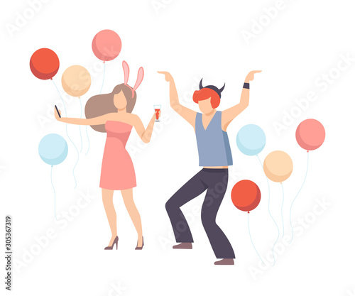 Man And Woman Cheerfully Dancing With Balloons At A Party Vector Illustration Isolated On White Background