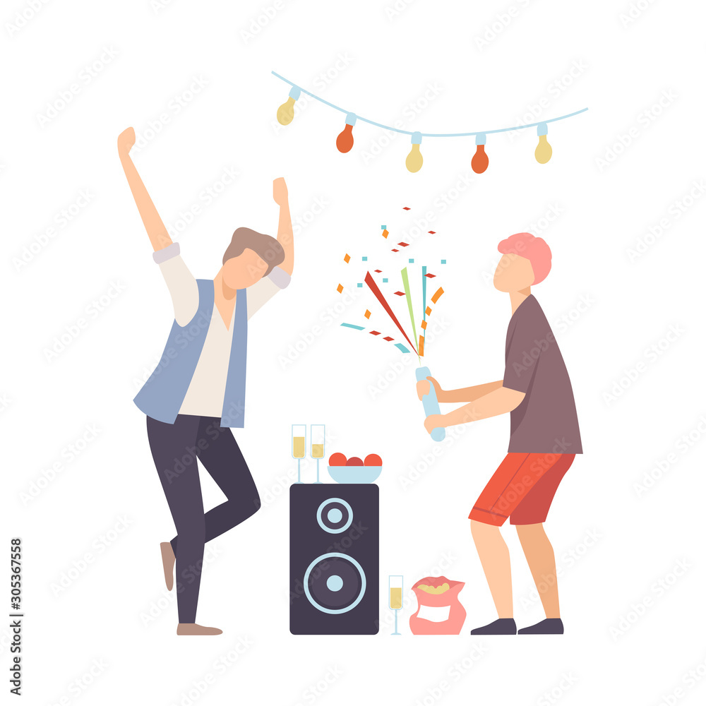 Fototapeta premium Men On Party Dancing And Exploding Firecracker Vector Illustration Cartoon Character