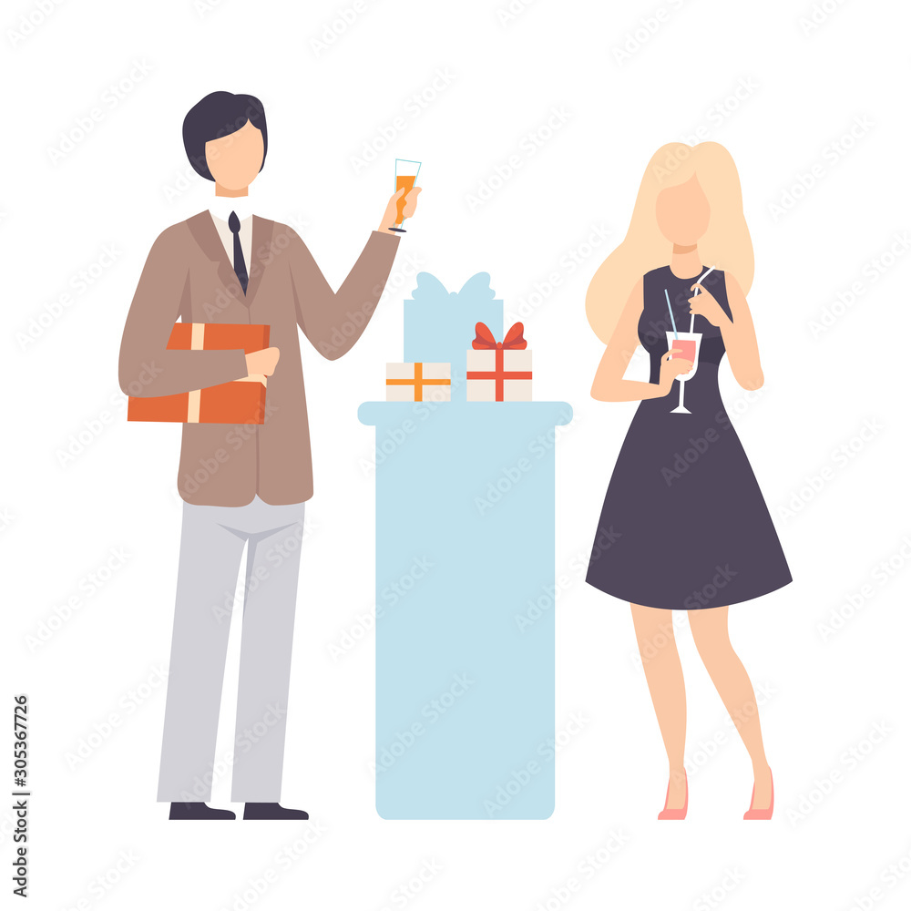 Guy In Jacket Wishing Girl Happy Birthday And Pronouncing Toast Vector Illustration Isolated On White Background Guy In Jacket Wishing Girl Happy Birthday And Pronouncing Toast Vector Illustration Isolated On White Background
