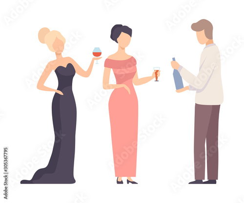 Two Girls At The Event And Waiter Carrying Alcoholic Drinks Vector Illustration Isolated On White Background