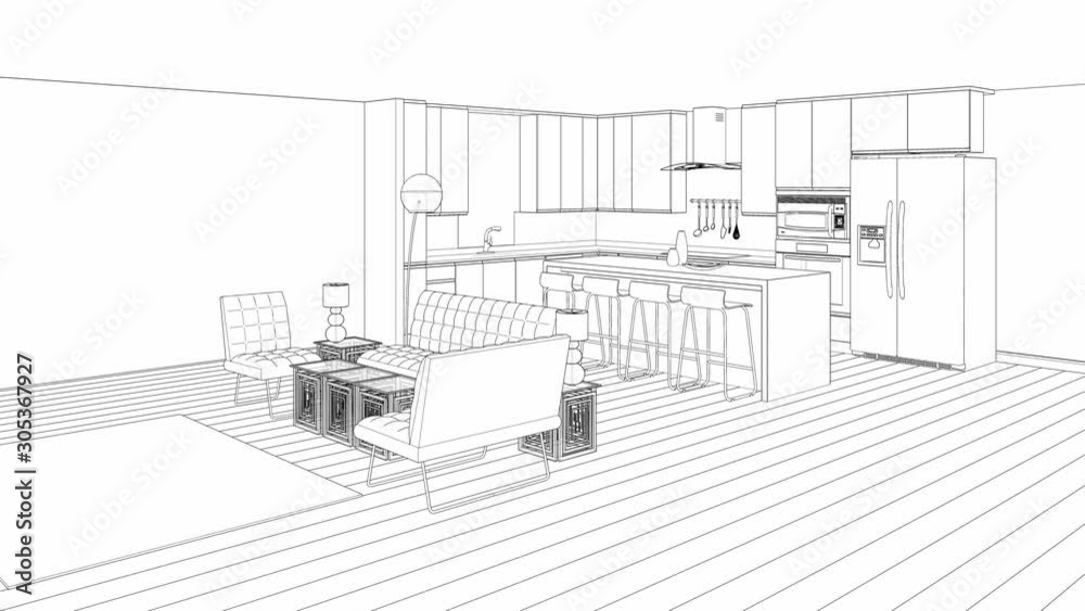 house building concept, sketch of interior, 3d animation video 4k house building concept, sketch of interior, 3d animation video 4k
