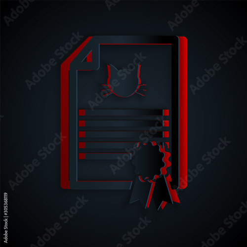 Paper cut Medical certificate for travel with dog or cat icon isolated on black background. Document for pet. Dog or cat paw print. Paper art style. Vector Illustration