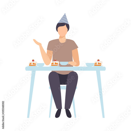 Guy Sitting Alone At Festive Table And Drinking Tea With A Cake Vector Illustration Isolated On White Background