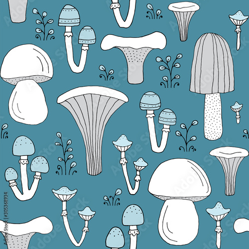 Seamless texture with forest mushrooms and hand drawn elements