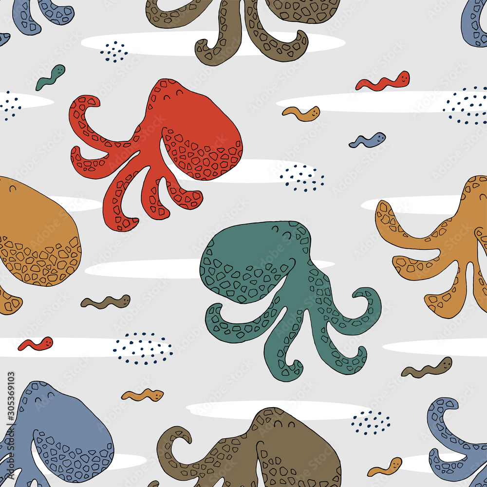 Naklejka premium Seamless texture with octopuses and hand drawn elements.