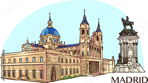 Almudena Cathedral and buen retiro park  vector illustration