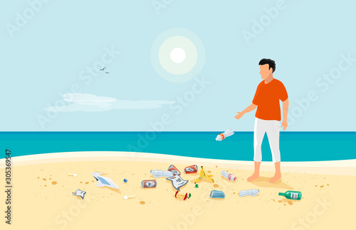 Wrong littering waste on ocean beach. Person disposed improperly throwing away garbage on the ground. Trash is fallen on the sand creating pollution trash on the sea beach. Littering plastic rubbish.