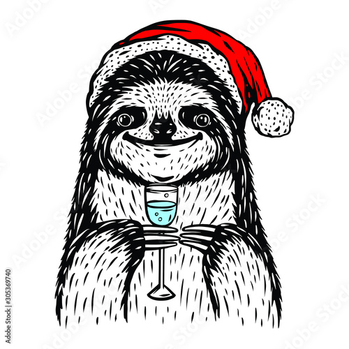 Vector Sloth Santa illustration isolated on white. T shirt design. Drinking champagne animal poster. New Year Christmas image. 