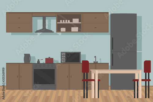 Kitchen set and table. Vector illustration.