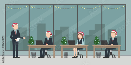 Boss congratulationg his subordinates with Christmass. Vector illustation.