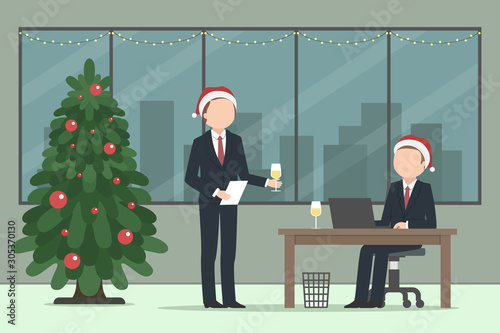 Manager congratulating his colleague with Christmas. Vector illustration.