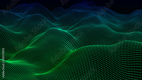 Green and blue dots formed a terrain structure.  3D illustration  abstract wave or terrain from multi shade dots.