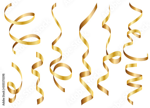 Gold shiny gradient twisted ribbons set. Decoration for carnival party, holiday event, New Year, Christmas, Wedding ceremony. Vector illustration