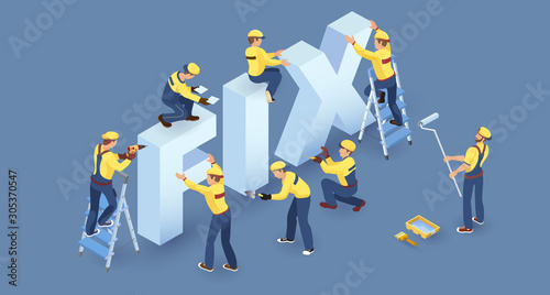 Team of builders and isometric word Fix. Repair services. Vector.