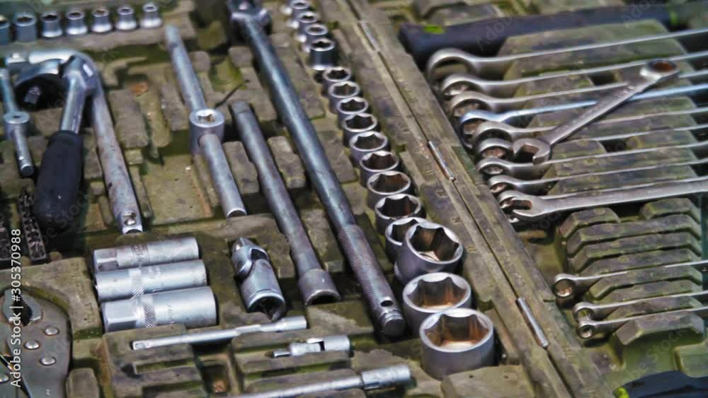 The camera slides over a set of machine repair tools. 4K (UHD) The camera slides over a set of machine repair tools. 4K (UHD)