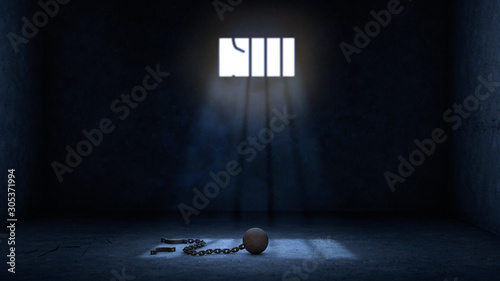 ball and chain for prisoner in jail with broken prison bars, prisoner escape or jailbreak concept scene