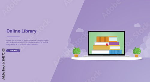online library technology with laptop and books stack for website template or landing homepage - vector