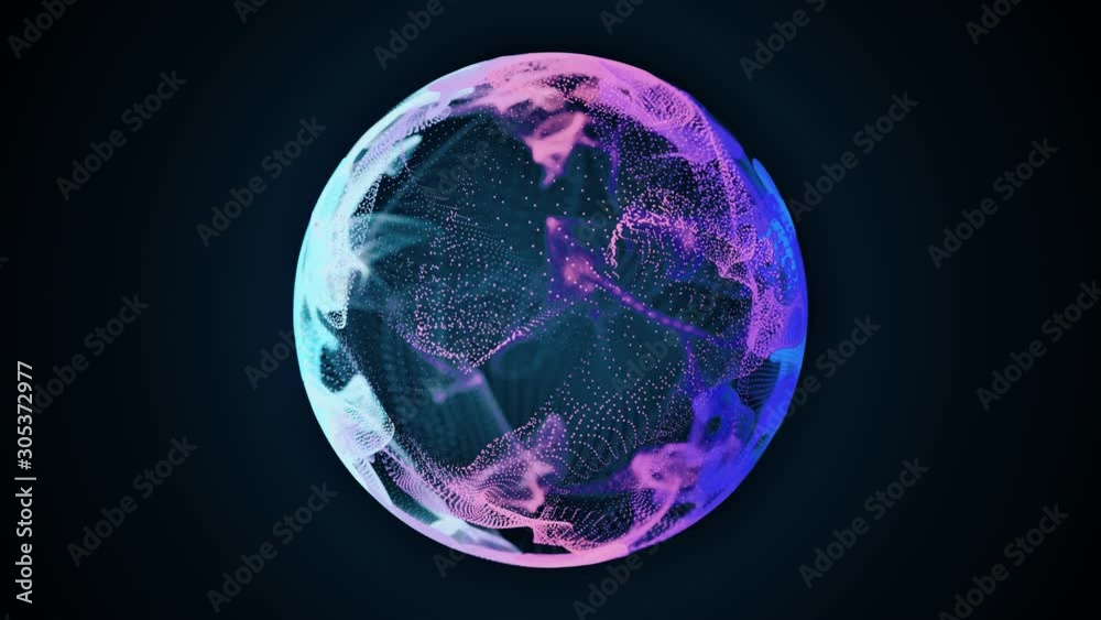 Abstract 3d animation. Colorful sphere made of audio reacting particles. Music background.