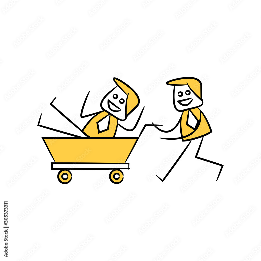 businessman carrying his colleague on trolley yellow stick figure