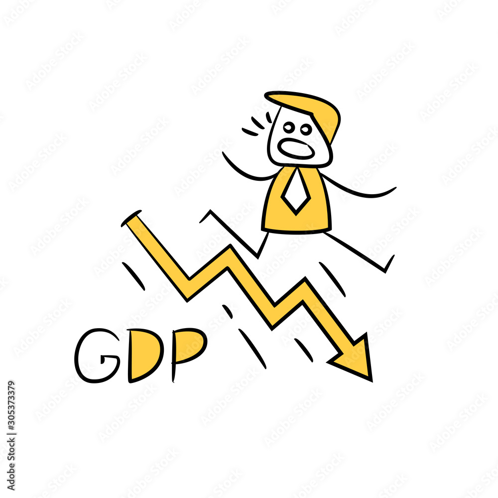 businessman jumping of falling GPD chart stick figure