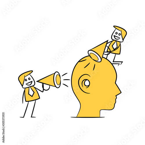 business men using megaphone for propaganda concept yellow stick figure