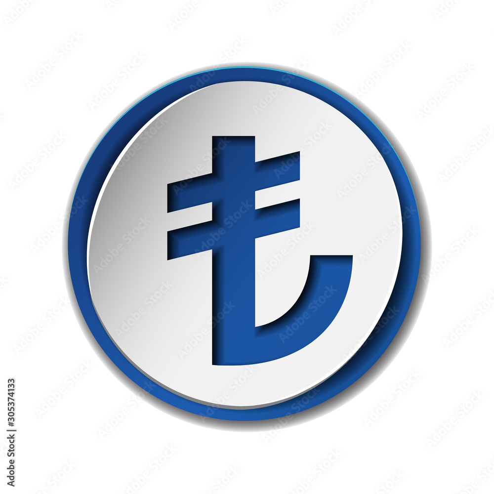 Turkish Lira currency symbol on round sticker with blue backdrop Turkish Lira currency symbol on round sticker with blue backdrop