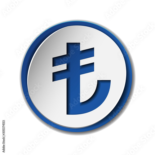 Turkish Lira currency symbol on round sticker with blue backdrop