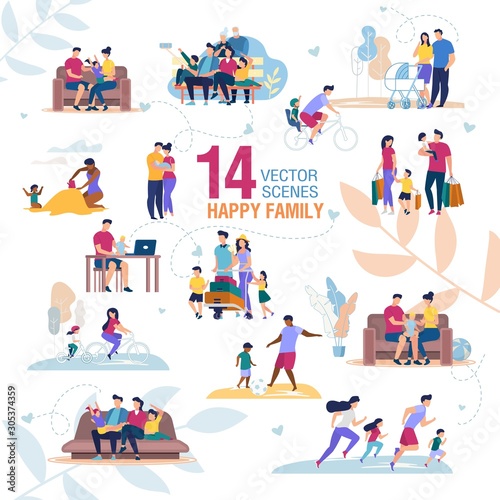 Happy Family Activities Scenes Flat Vector Set