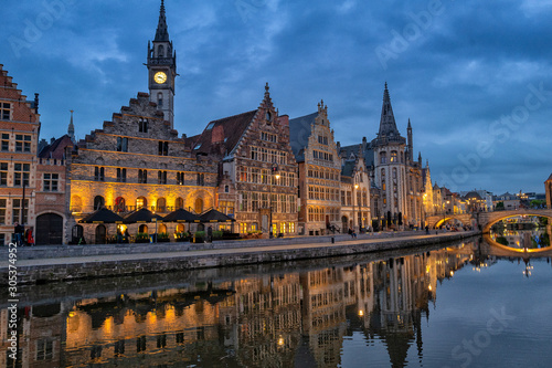 Ghent, Belgium - May 5,2019: Graslei and Korenlei along the Leie river in the historic city center.