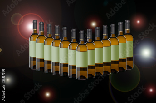 Botellas de vino blanco, conjunto de botellas de cristal tintado en su interior hay vino; bebida alcoholica photo