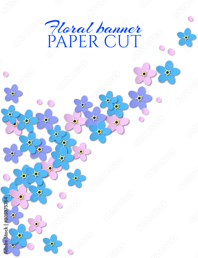 Floral background with scattered forget-me-nots. Blue flowers on white. Paper cut design for posters, brochures, invitations, signage, advertising. Place for text Floral background with scattered forget-me-nots. Blue flowers on white. Paper cut design for posters, brochures, invitations, signage, advertising. Place for text