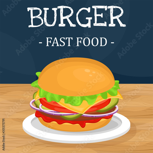 Delicious hamburger with cutlet. Vector illustration of fast food. Junk food.