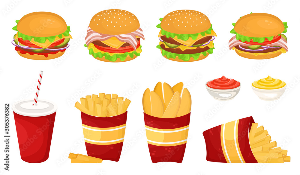 Set of different delicious hamburgers with cutlet, French fries with sauce and soda in a cardboard Cup. Vector illustration of fast food. Junk food.