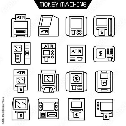 ATM, money machine icons set line design