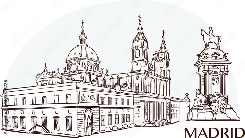 Almudena Cathedral and buen retiro park  vector illustration