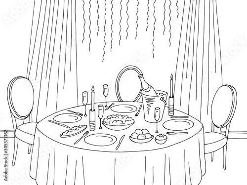 Christmas and new year table dining room graphic black white sketch home interior illustration vector
