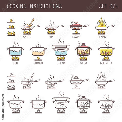 Set of 12 hand drawn cooking icons in two versions: doodle and colorful with descriptive name. Perfect for cookbooks and explain recipes. Vector icons isolated on white background. Set 3 of 4.