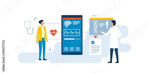 Doctor using medical apps to examine a patient